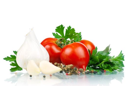 Fresh vegetables on white background - tomato, parsley, garlic, pepper