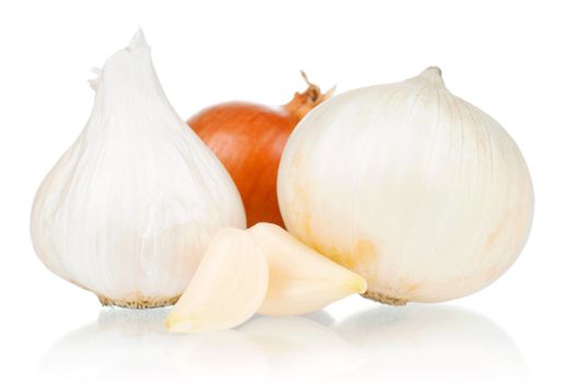 Fresh vegetables on white background - garlic, onion