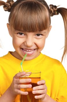 Portrait of happy little girl with apple juice isolated on white background