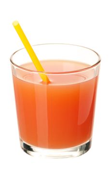 Glass of fresh grapefruit juice with straw on white background