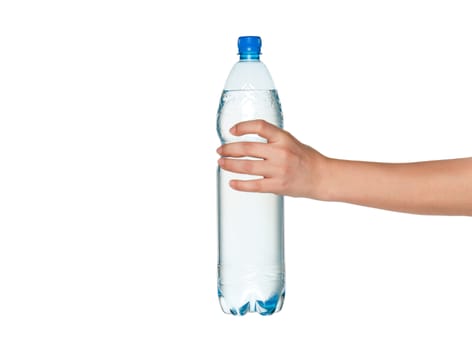 Woman hand with bottle of water isolated on white background