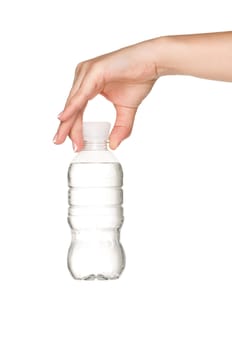 Woman hand with bottle of water isolated on white background