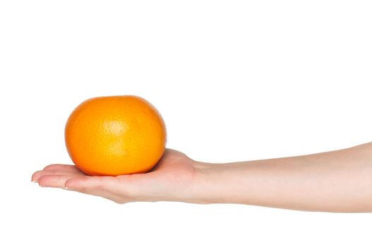 Woman hand with grapefruit isolated on white background