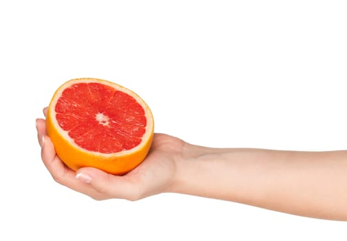 Woman hand with grapefruit isolated on white background