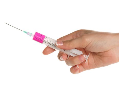 Woman hand with syringe isolated on white background