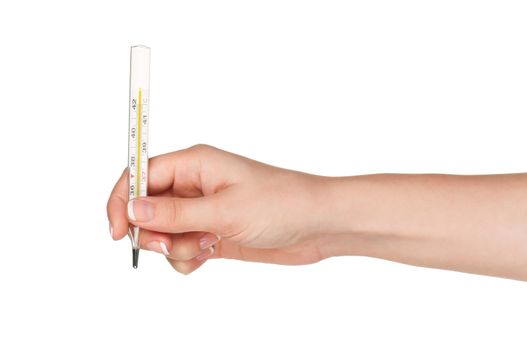 Woman hand with thermometer isolated on white background