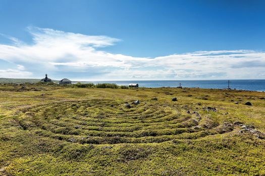 Stone labyrinth of Bolshoi Zayatsky Island. The White Sea, Solovetsky Islands, Karelia, Russia.