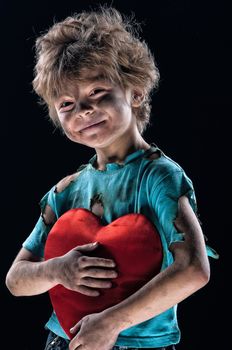 Boy burnt of love with heart over white background