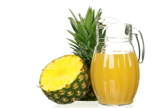 Fresh pineapple juice and ripe pineapple on white background