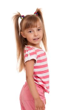 Portrait of emotionally kid. Funny little girl isolated on white background. Beautiful caucasian model.