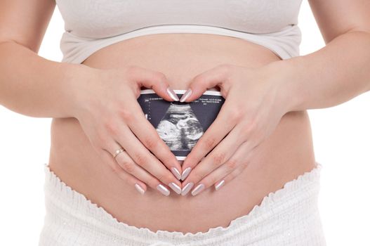 Pregnant woman is holding her stomach and a photo of her Ultrasound