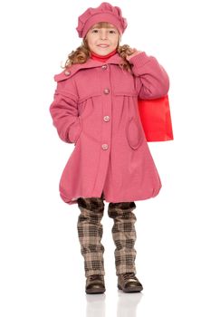 Portrait of a pretty little girl with bag. Isolated on white background.