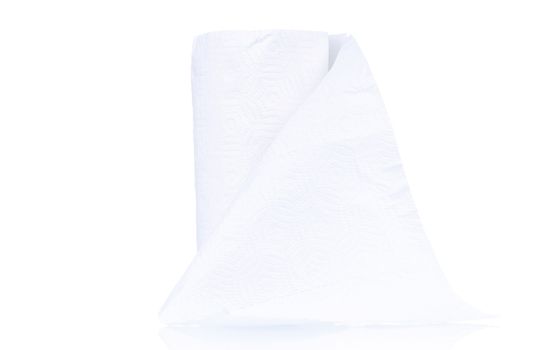 Single roll of toilet paper on white background