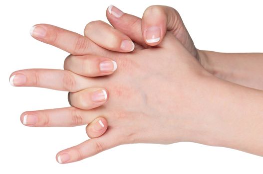 Woman hands with french manicure isolated on white background