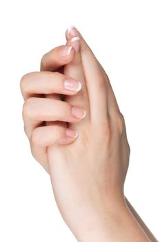 Woman hands with french manicure isolated on white background