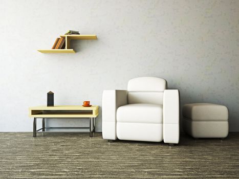 A room interior with a armchair and a table