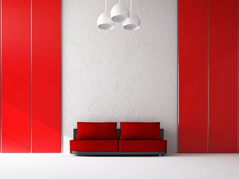 The small red sofa near the wall