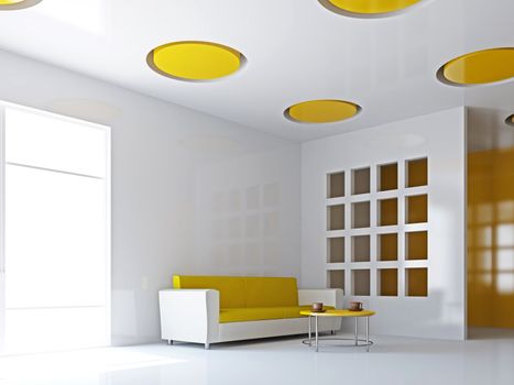 The big livingroom with yellow sofa near the wall