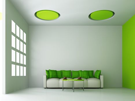 Sofa with green pillows near the wall