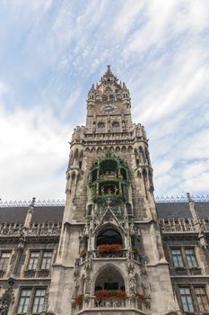 medieval tower of famous  New Town Hall (Neues Rathaus) in Munich, Germany