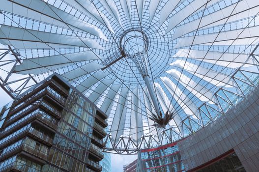 Roof of Berlin Sony Center at Potsdamer Platz. The center was designed by Helmut Jahn and construction was completed in 2000.