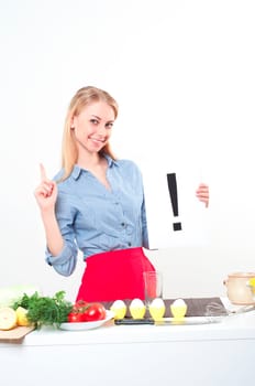 woman holding a plate with exclamation mark