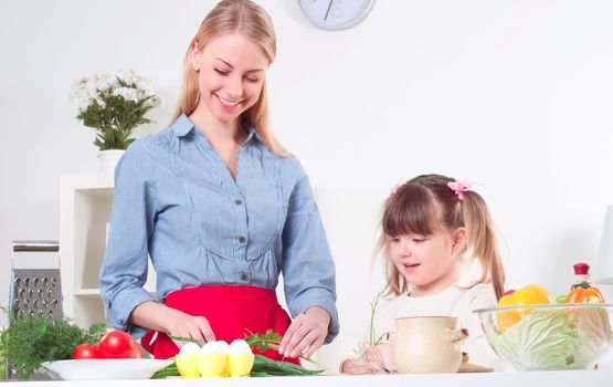 Mother and daughter cooking together, help children to parents