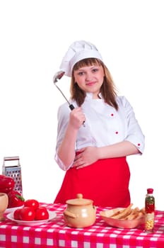 attractive woman making a meal, white background