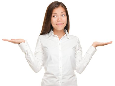 Asian woman with her both her empty palms extended sideways and a quizzical expression as she indictes that there is a choice or alternative, with copyspace for the placement of your products