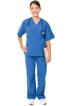 Young doctor. Studio shot over white of a young Asian female doctor, wearing blue scrubs and with a stethoscope draped around her neck