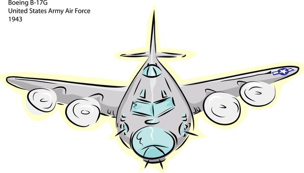 Sketch of Boeing B-17G World War II bomber plane over white