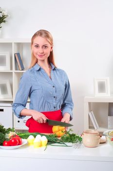 portrait beautiful woman cooking vegetables, healthy lifestyle