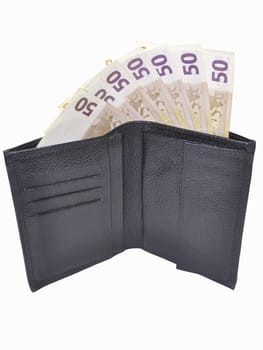black open wallet with Euro banknotes isolated on white; clipping path included