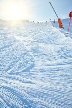 Fresh snow on a ski slope at Val Di Fassa ski resort in Italy