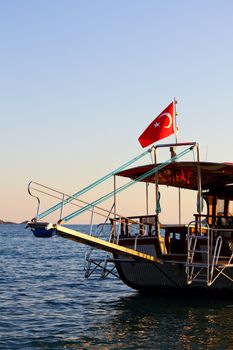 Stern of pleasure boat moored in Gulf of Fethiye on Turkish Mediterranean