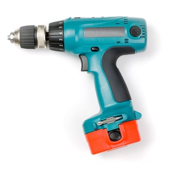 Battery-powered electric drill on white background
