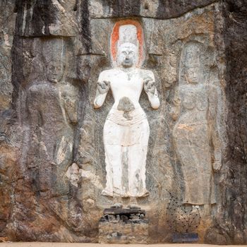Three Buddha statues at Buduruvagala, an ancient buddhist temple in Sri Lanka