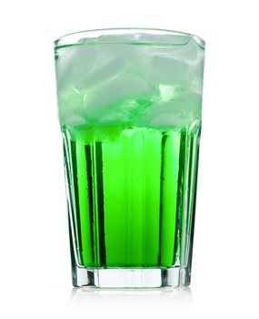 Glass with green mint drink on white background