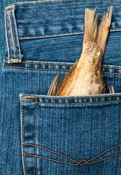 Blue jeans pocket with dried fish tail