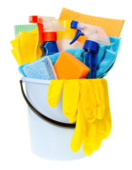 Plastic bucket with cleaning supplies on white background