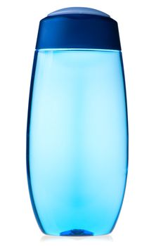 Blue transparent shampoo bottle on white background