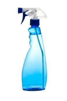 Blue transparent spray bottle on white background