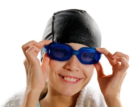 Young Girl Swimmer Corrected Swim Glasses and Smile closeup