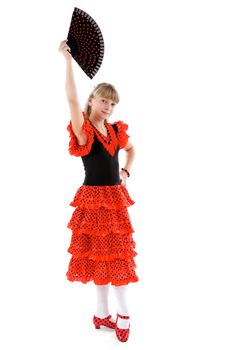 Young Girl in Dance Stance of Flamenco. Traditional Costume and Fan