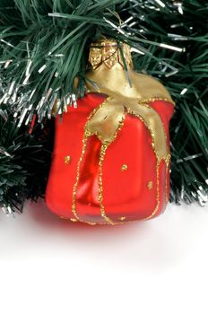 Christmas Decorations with Red Gift Box Ball and Christmas Tree closeup