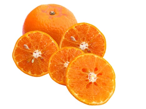 Fresh juicy oranges, half cut and whole isolated in white background