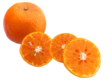 Fresh juicy oranges, half cut and whole isolated in white background