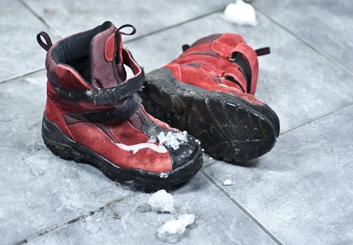 A pair of winter shoes full of snow making the entrance floor messy 