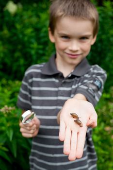 Young boy showing snails on his palm, focus on snails