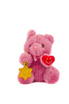 classic teddy bear toy with Christmas star and heart isolated on white